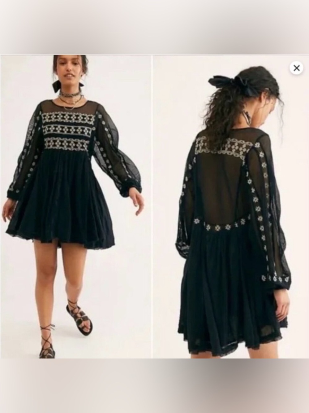 Free People Black Need Me Mini Dress with White Embroidered Details
